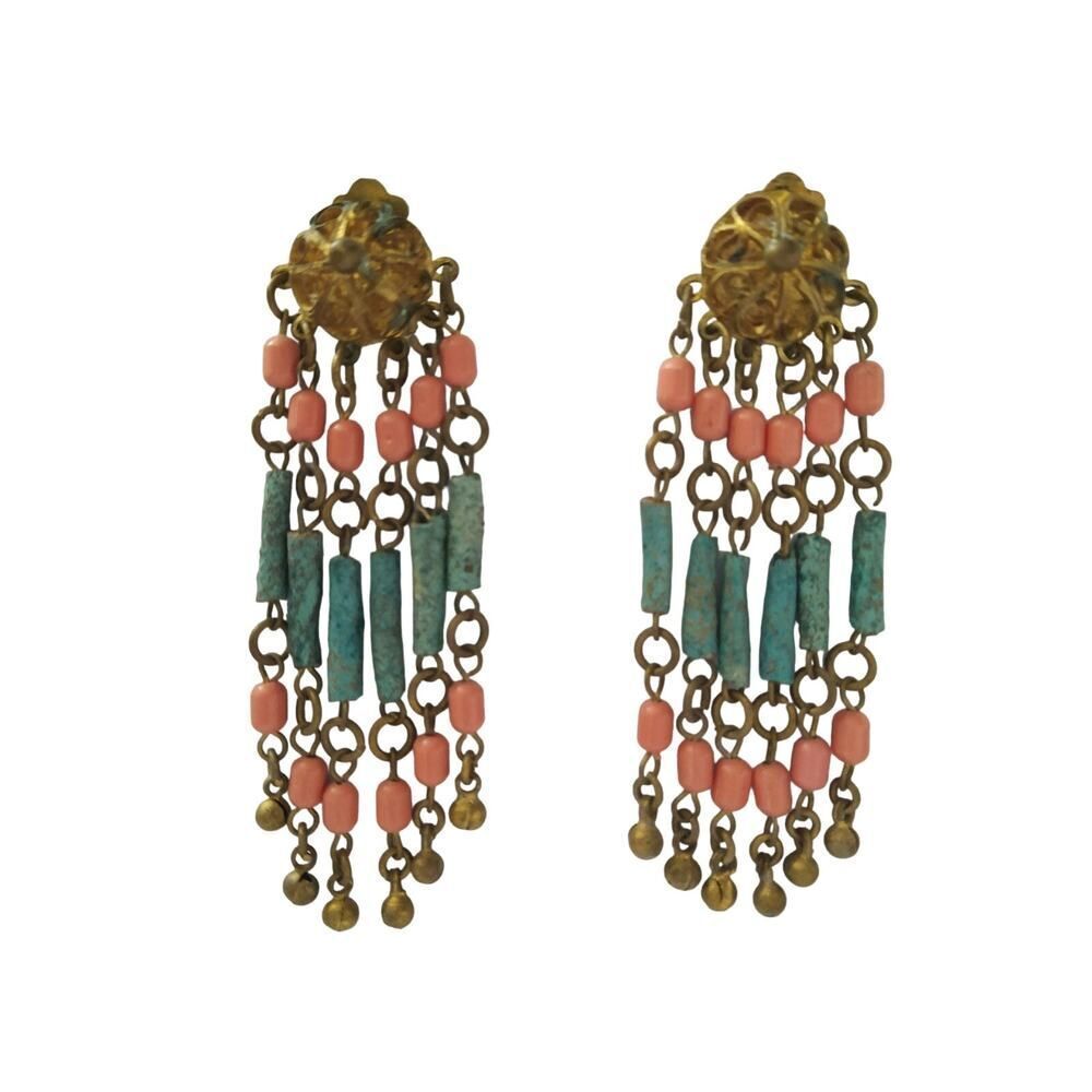 Vintage Clip On Earrings Egyptian Revival Chandelier Faience Blue Orange Gold